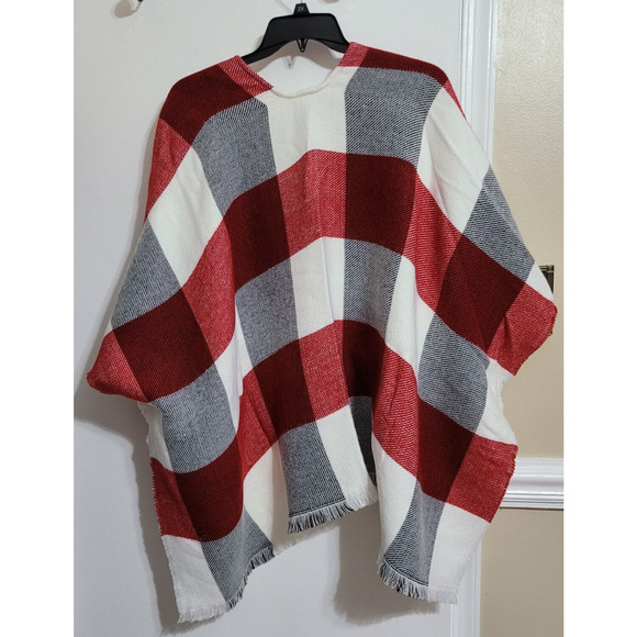 Lane Bryant Red Check Open Front Poncho Wrap Shawl, Women's Plus, Size 14/20 - Picture 2 of 9